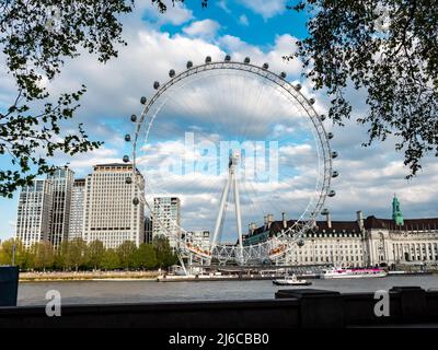 London, England, Great Britain - April 24, 2022: Wide view of the famous Eye of London, the Millenium Wheel in Westminster, South Bank Stock Photo