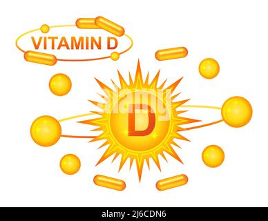 Vitamin D diet food supplement, yellow sun with medicine pill capsule. Medical cholecalciferol tablet, chemical pharmacy health care medicament vector Stock Vector