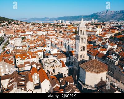 One of the best European old town - Split, Croatia. Drone aerial photo with old port sunrise hour Stock Photo