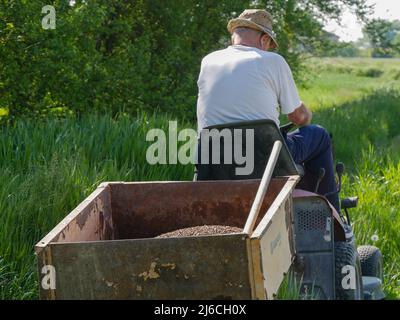 senior italian farmer transporting seeds in his small tractor in the fields Stock Photo