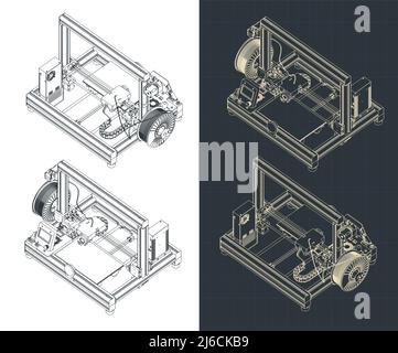 Stylized vector illustration of isometric blueprints of 3D printer Stock Vector