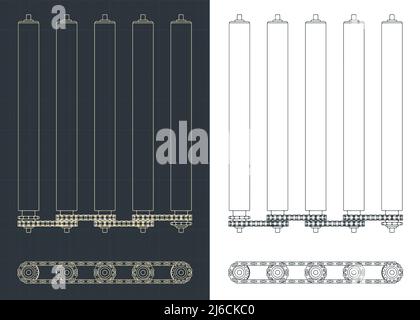 Stylized vector illustration of blueprints of chain transmission in a roller conveyor Stock Vector