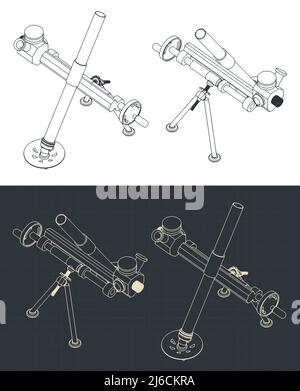 Stylized vector illustration of isometric blueprints of mortar weapon system Stock Vector
