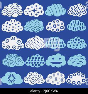 Simple blue and white abstract vector cloud collection. Cute cloud bundle. Stock Vector