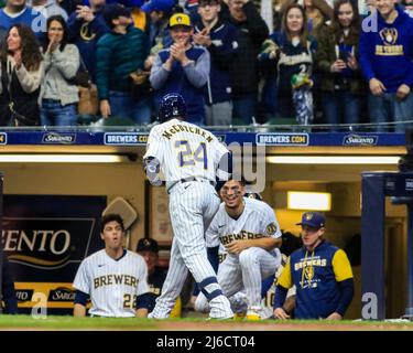 Milwaukee Brewers' Willy Adames, left, talks with Pittsburgh Pirates' Kevin  Newman, right, during the first inning of a baseball game Tuesday, Aug. 3,  2021, in Milwaukee. (AP Photo/Aaron Gash Stock Photo - Alamy