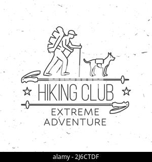 Hiking club Extreme adventure. Vector illustration. Line art concept for shirt or logo, print, stamp. Design with hiker, dog and hiking stick. Stock Vector