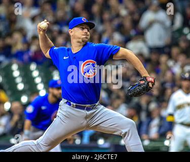 MILWAUKEE, WI - APRIL 29: Chicago Cubs shortstop Nico Hoerner (2) waits for  a pop fly during a game between the Milwaukee Brewers and the Chicago Cubs  at American Family Field on