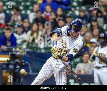 April 29, 2022 - Milwaukee Brewers left fielder Christian Yelich (22) swings at a pitch during MLB Baseball action between Chicago and Milwaukee at Miller Park in Milwaukee, WI. Stock Photo