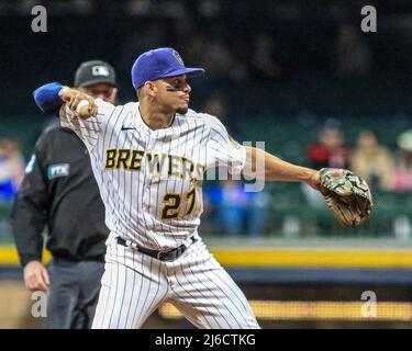 April 29, 2022 - Milwaukee Brewers shortstop Willy Adames (27) throws to first during MLB Baseball action between Chicago and Milwaukee at Miller Park in Milwaukee, WI. Stock Photo