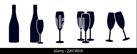 Sparkling wine bottle and glasses icon or beverage symbol vector illustration set Stock Vector