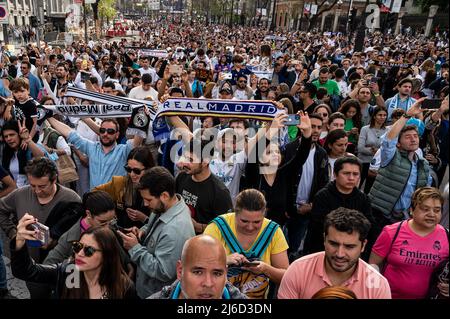 A large crowd of Real Madrid fans celebrating in Plaza de Cibeles the 35th La Liga national title that Real Madrid team won following their victory in a match against RCD Espanyol. Stock Photo