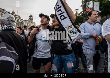 Real Madrid fans celebrating in Plaza de Cibeles the 35th La Liga national title that Real Madrid team won following their victory in a match against RCD Espanyol. Stock Photo