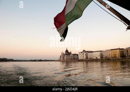 Danube River, Hungarian Parliament Building and Margaret Building in Budapest, Hungary. Stock Photo