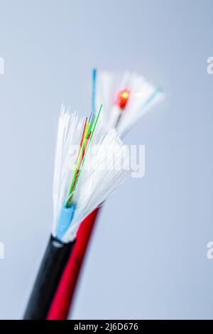 Cut fiber optic cable with fiber optic connectors Stock Photo