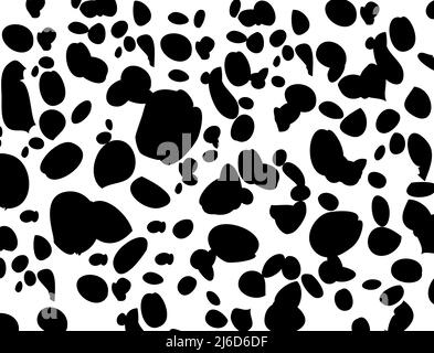 Dalmatian pattern Cow texture Animal skin template Spot background Vector design illustration Random bovine spots Farm animal textural banner Black ch Stock Vector