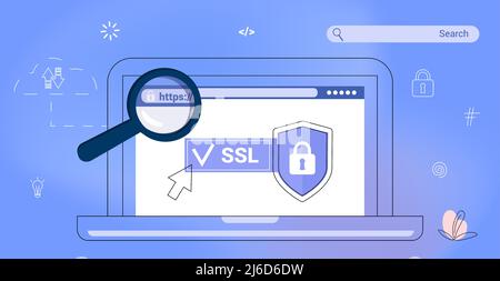 HTTPS Protected connection Secure protocol Security communication online networks Safe browsing Internet surfing on net and data sertificate encryptio Stock Vector