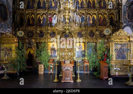 Kazan, Russia - June 19, 2021: Interior of Cathedral of Saints Peter and Paul, Kazan, Tatarstan. Luxury ornate altar of Russian Orthodox church, insid