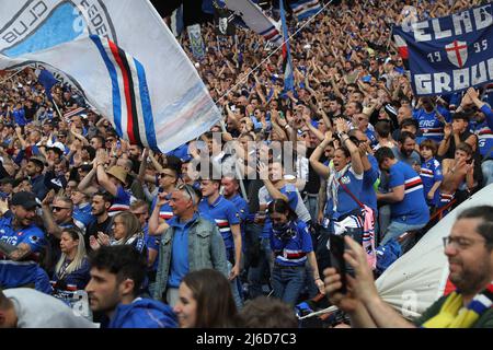 Genoa, Italy. 30 April 2022. Fans of UC Sampdoria show their suport prior  to the Serie