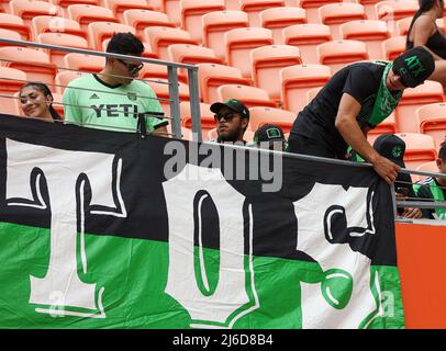 Houston, Texas, USA. April 30, 2022: Austin FC supporters hang signs at PNC Stadium before the start of a Major League Soccer match at the Houston Dynamo  on April 30, 2022 in Houston, Texas. (Credit Image: © Scott Coleman/ZUMA Press Wire) Credit: ZUMA Press, Inc./Alamy Live News Stock Photo