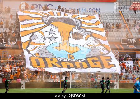 Houston, Texas, USA. April 30, 2022: Houston Dynamo supporters unveil a tifo before the start of a Major League Soccer match between the Houston Dynamo and Austin FC on April 30, 2022 in Houston, Texas. (Credit Image: © Scott Coleman/ZUMA Press Wire) Credit: ZUMA Press, Inc./Alamy Live News Stock Photo
