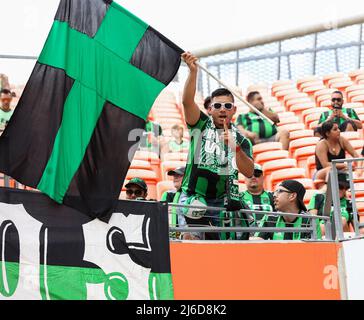 Houston, Texas, USA. April 30, 2022: An Austin FC supporter before the start of a Major League Soccer match between the Houston Dynamo and Austin FC on April 30, 2022 in Houston, Texas. (Credit Image: © Scott Coleman/ZUMA Press Wire) Credit: ZUMA Press, Inc./Alamy Live News Stock Photo