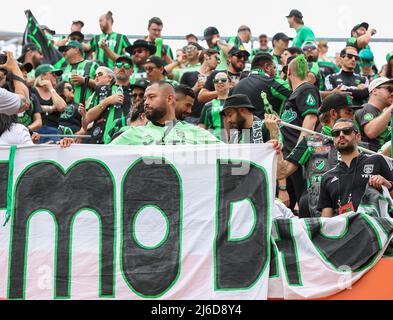 Houston, Texas, USA. April 30, 2022: Austin FC supporters hang signs at PNC Stadium before the start of a Major League Soccer match at the Houston Dynamo  on April 30, 2022 in Houston, Texas. (Credit Image: © Scott Coleman/ZUMA Press Wire) Credit: ZUMA Press, Inc./Alamy Live News Stock Photo