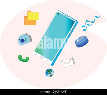 Mobile phone. The most important functions of society are electronic communication. Mobile communication, e-mail, internet, music, photos. Stock Vector