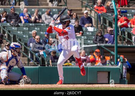 April 30, 2022: Rochester Red Wings infielder Luis Garcia (2) makes a throw  against the Syracuse Mets. The Rochester Red Wings hosted the Syracuse Mets  in an International League game at Frontier