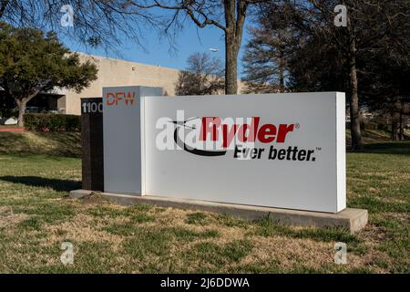 DFW Airport, Texas, USA - March 20, 2022: Closeup of Ryder Truck Rental sign is shown. Stock Photo