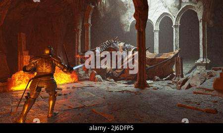3D illustration fantasy battle scene with dragon attacking medieval ...