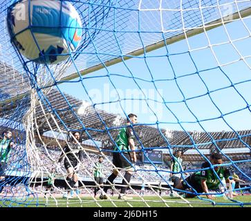 (220501) -- NAPLES, May 1, 2022 (Xinhua) -- Napoli's Amir Rrahmani scores his goal during a Serie A football match between Napoli and Sassuolo in Naples, Italy on April 30, 2022. (Photo by Alberto Lingria/Xinhua) Stock Photo