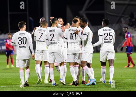 Clermont-Ferrand, France - April 09: Neymar Junior of Paris Saint Germain (C) celebrating his goal with his teammates during the Ligue 1 Uber Eats mat Stock Photo