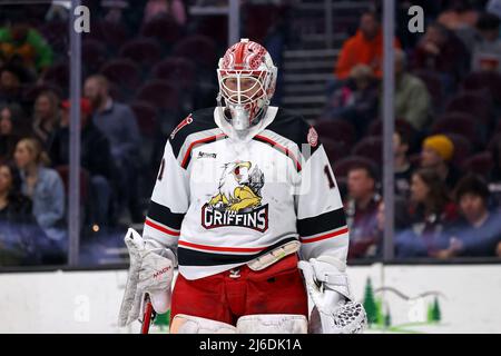 CLEVELAND, OH - APRIL 30: Cleveland Monsters goalie Jet Greaves (31) in  goal during the third period