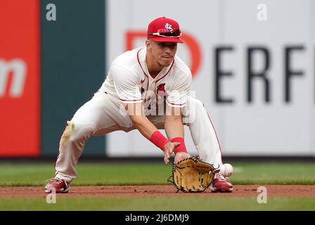 St. Louis Cardinals Tommy Edman fields a ground ball off the bat of Arizona Diamondbacks Pavin Smith in the first inning at Busch Stadium in St. Louis on Saturday, April 30, 2022. Photo by Bill Greenblatt/UPI Stock Photo