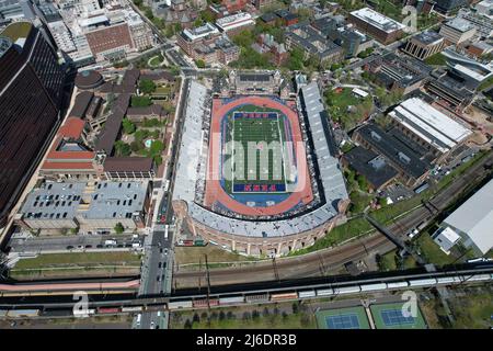 An aerial view of Franklin Field on the campus of the University of Pennsylvania during the 126th Penn Relays, Friday, Apr. 29, 2022, in Philadelphia Stock Photo