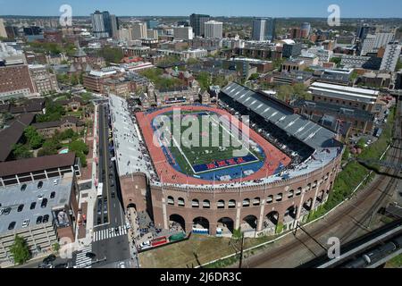 An aerial view of Franklin Field on the campus of the University of Pennsylvania during the 126th Penn Relays, Friday, Apr. 29, 2022, in Philadelphia Stock Photo