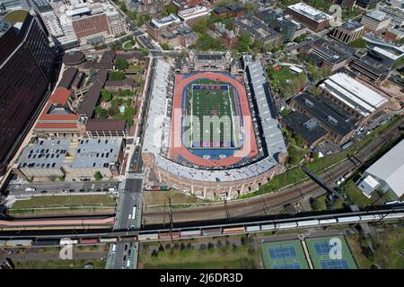 An aerial view of Franklin Field on the campus of the University of Pennsylvania during the 126th Penn Relays, Friday, Apr. 29, 2022, in Philadelphia Stock Photo