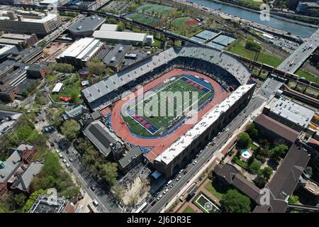 An aerial view of Franklin Field on the campus of the University of Pennsylvania during the 126th Penn Relays, Friday, Apr. 29, 2022, in Philadelphia Stock Photo