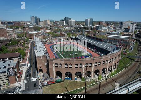 An aerial view of Franklin Field on the campus of the University of Pennsylvania during the 126th Penn Relays, Friday, Apr. 29, 2022, in Philadelphia Stock Photo