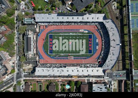 An aerial view of Franklin Field on the campus of the University of Pennsylvania during the 126th Penn Relays, Friday, Apr. 29, 2022, in Philadelphia Stock Photo