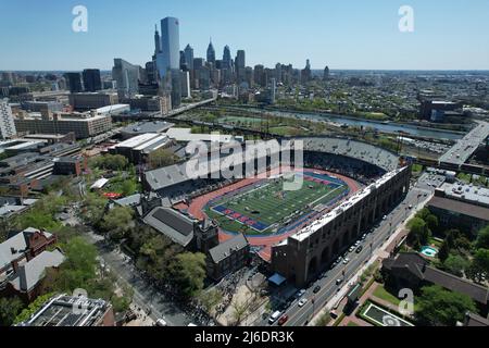 An aerial view of Franklin Field on the campus of the University of Pennsylvania during the 126th Penn Relays, Friday, Apr. 29, 2022, in Philadelphia Stock Photo