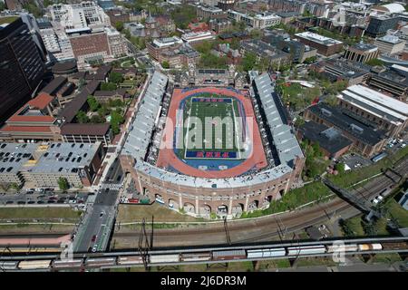 An aerial view of Franklin Field on the campus of the University of Pennsylvania during the 126th Penn Relays, Friday, Apr. 29, 2022, in Philadelphia Stock Photo