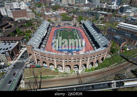 An aerial view of Franklin Field on the campus of the University of Pennsylvania during the 126th Penn Relays, Friday, Apr. 29, 2022, in Philadelphia Stock Photo