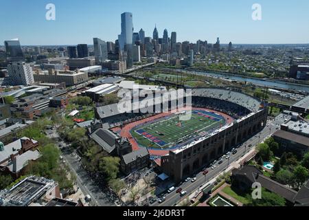 An aerial view of Franklin Field on the campus of the University of Pennsylvania during the 126th Penn Relays, Friday, Apr. 29, 2022, in Philadelphia Stock Photo