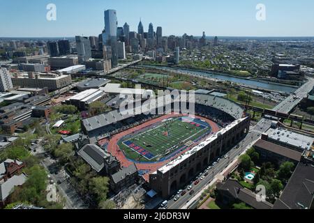 An aerial view of Franklin Field on the campus of the University of Pennsylvania during the 126th Penn Relays, Friday, Apr. 29, 2022, in Philadelphia Stock Photo