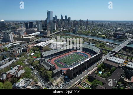 An aerial view of Franklin Field on the campus of the University of Pennsylvania during the 126th Penn Relays, Friday, Apr. 29, 2022, in Philadelphia Stock Photo