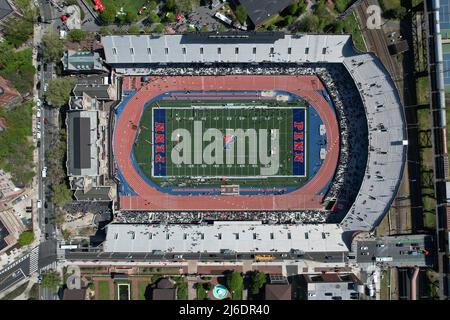 An aerial view of Franklin Field on the campus of the University of Pennsylvania during the 126th Penn Relays, Friday, Apr. 29, 2022, in Philadelphia Stock Photo