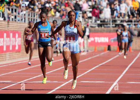 Tia Clayton of Edwin Allen (AA) defeats Oneka Wilson of Hydel (AB) on the  anchor of the Championship of America girls 4 x 100m relay, meet record  43.18 to 43.69, during the