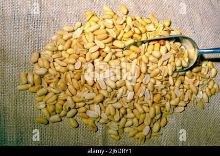 A close up shot of peeled peanuts and an aluminum scoop in a farmer’s market scattered on a craft jute fabric, can be used as a background, texture or Stock Photo