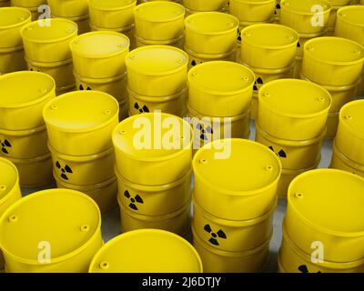 3d rendering group of yellow barrels with radiation hazard sign Stock Photo